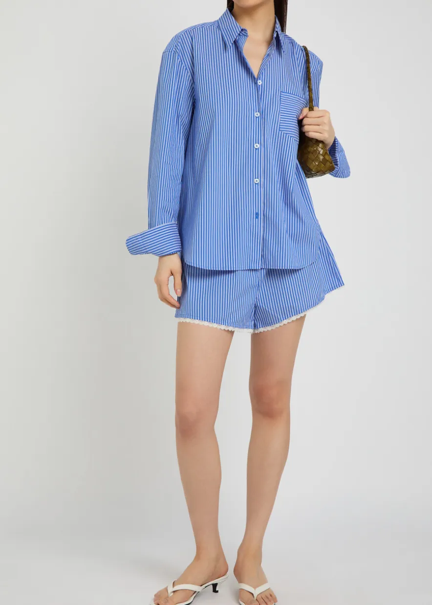 Striped lace-trimmed cotton-blend shorts