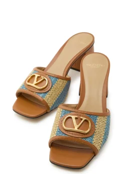 60 striped-raffia leather mules