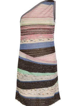 Striped ruched metallic-knit mini dress