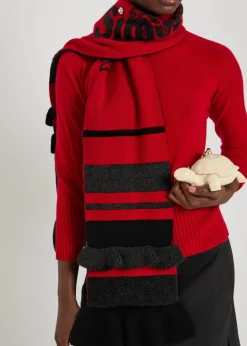 Striped ruffle-trimmed wool-blend scarf