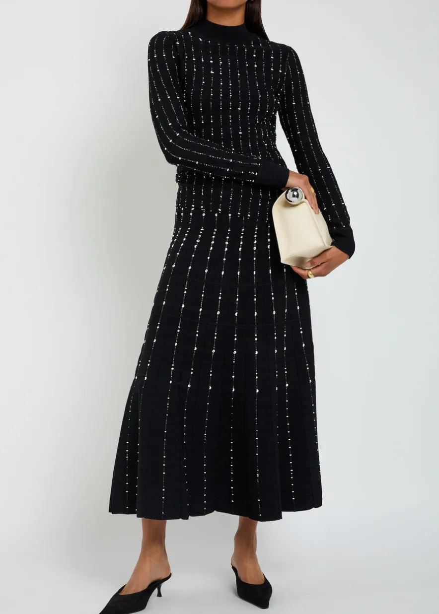 Stripe-embroidered knit maxi skirt