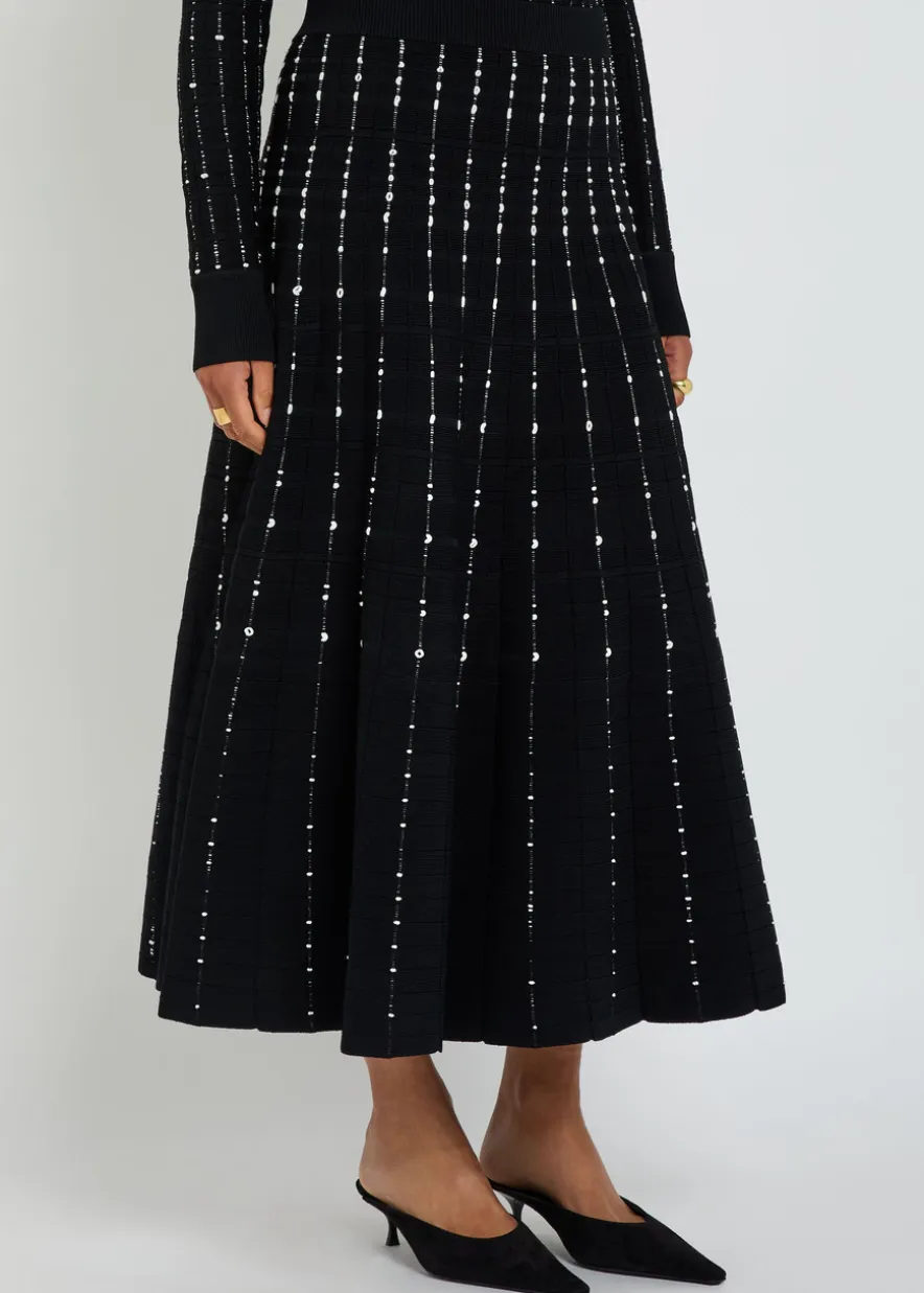 Stripe-embroidered knit maxi skirt