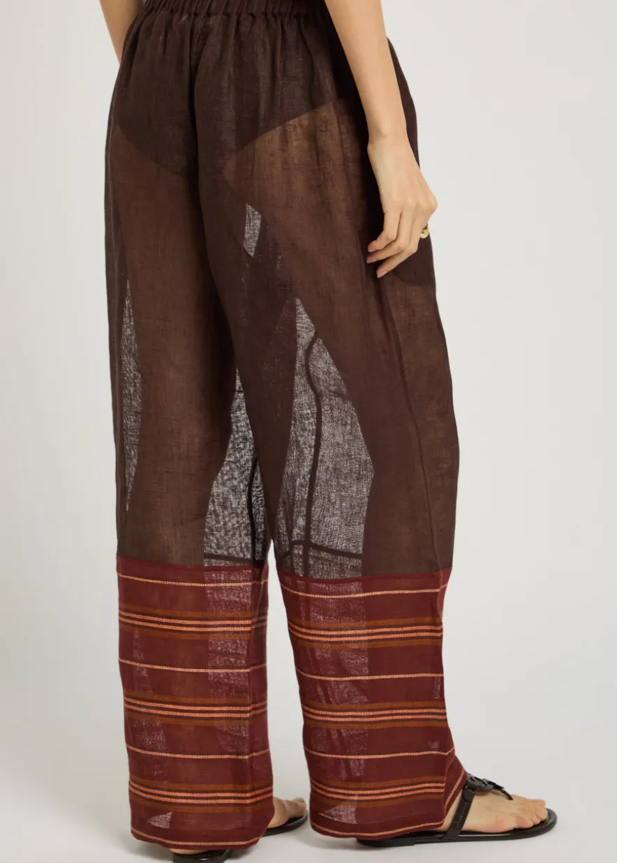 Stripe-trimmed semi-sheer linen trousers