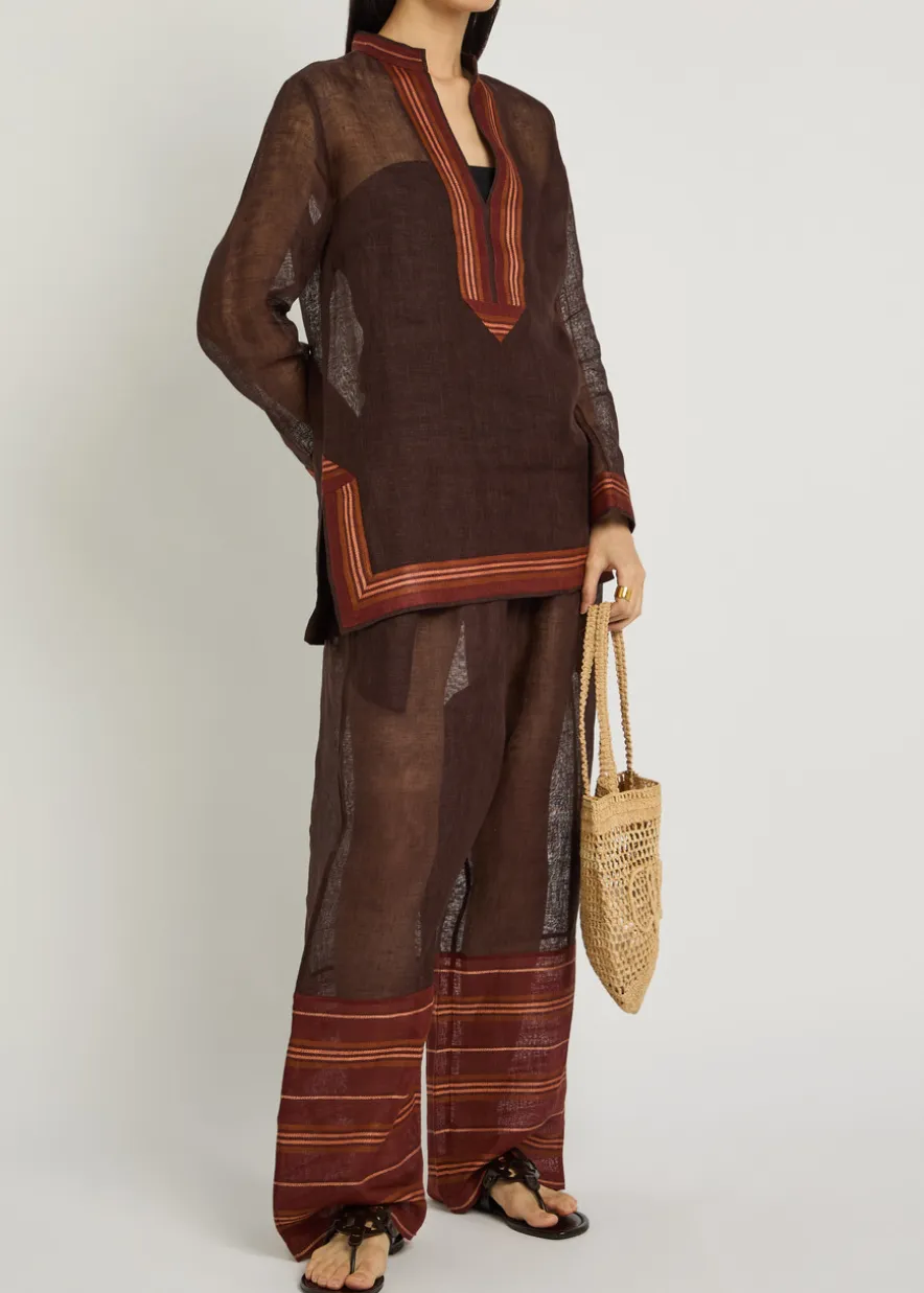 Stripe-trimmed semi-sheer linen tunic