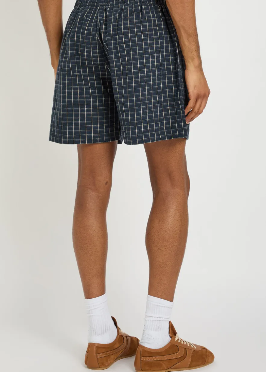 Sunday logo checked stretch-linen shorts