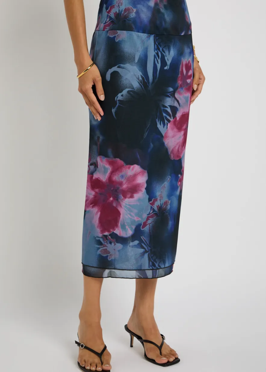 Sunset floral-print chiffon midi skirt