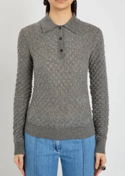 Textured-knit cashmere polo top