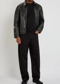 Track embroidered leather biker jacket