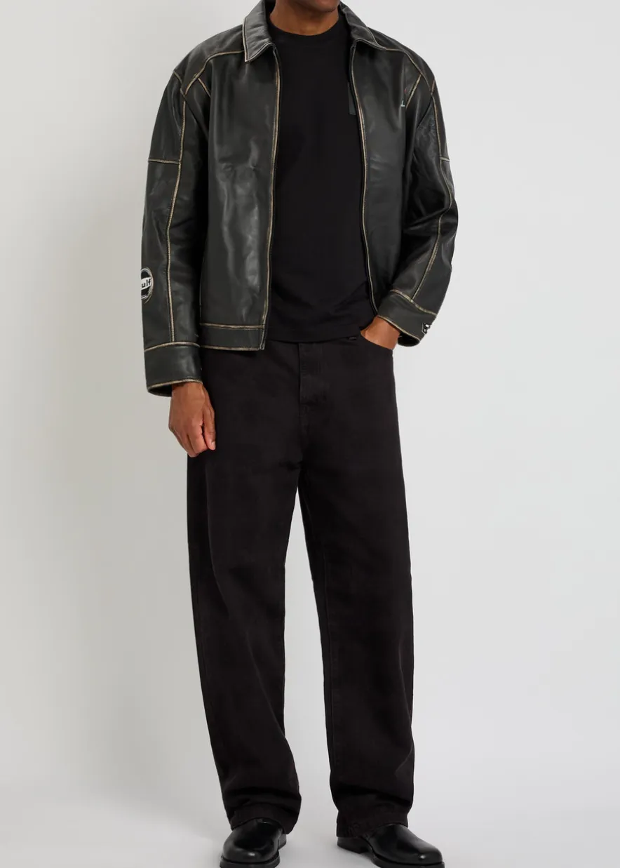 Track embroidered leather biker jacket