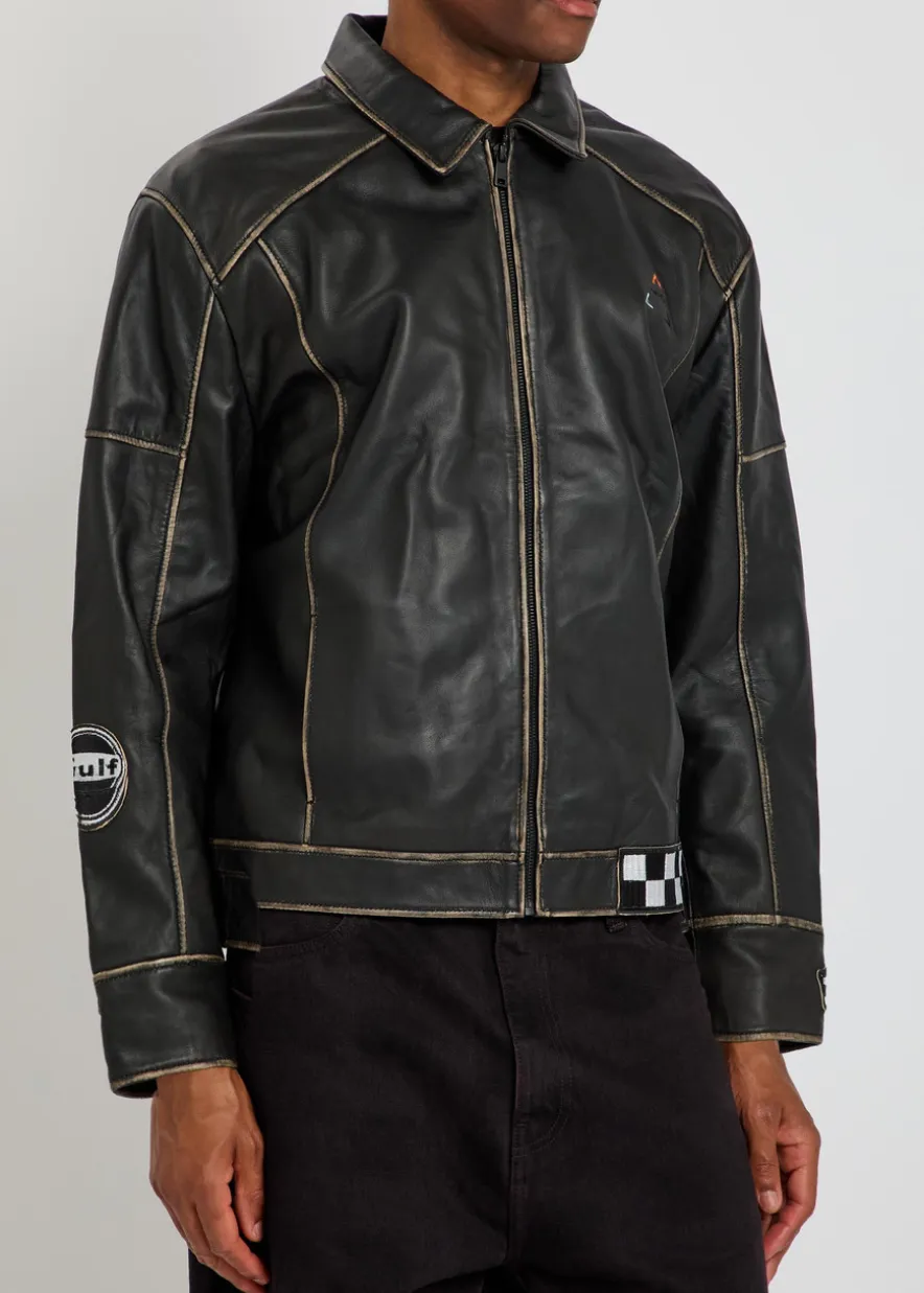 Track embroidered leather biker jacket