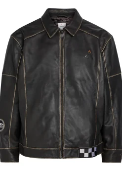 Track embroidered leather biker jacket