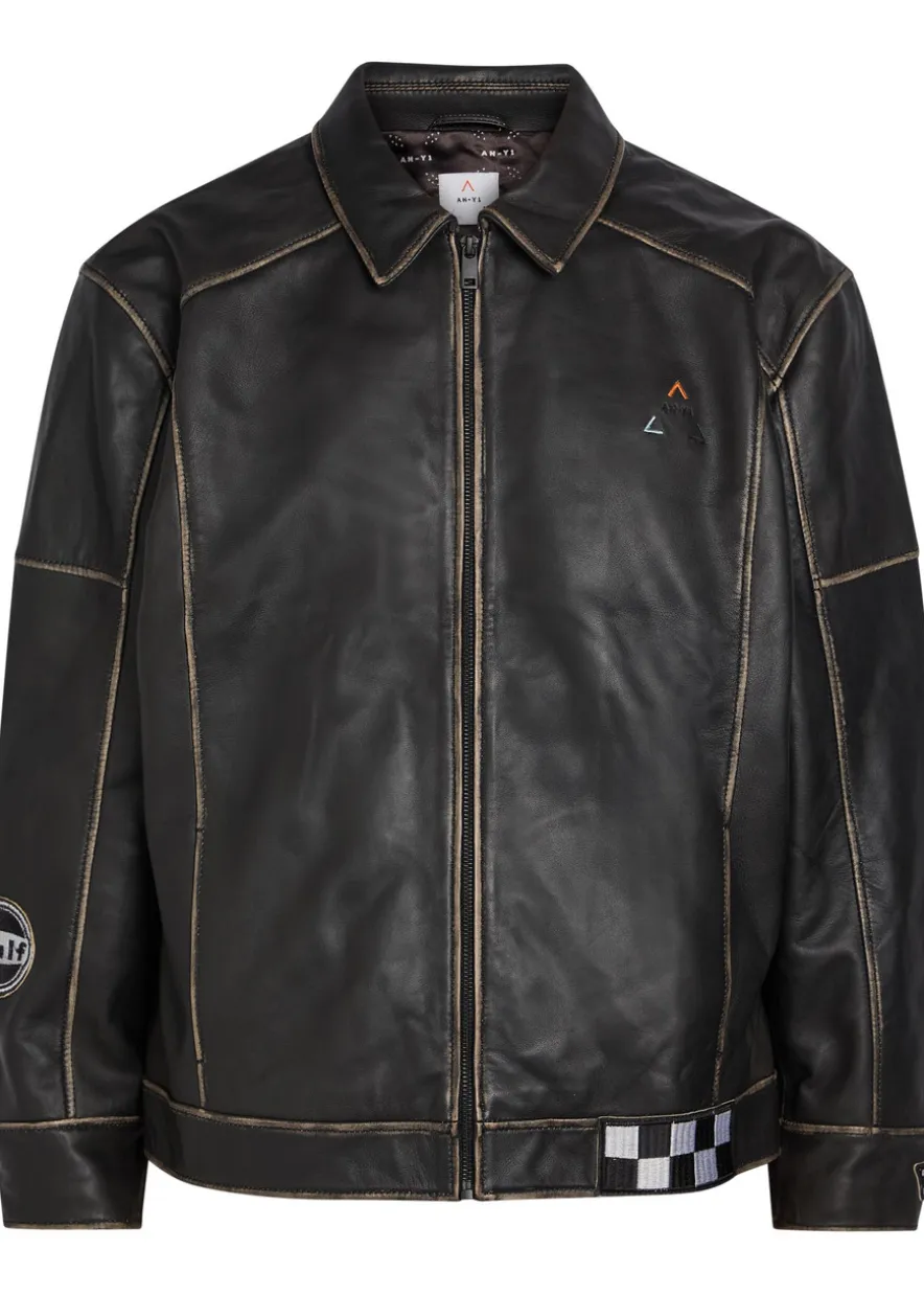 Track embroidered leather biker jacket