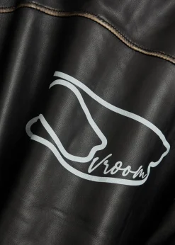Track embroidered leather biker jacket