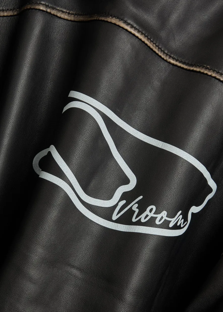 Track embroidered leather biker jacket