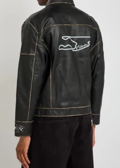 Track embroidered leather biker jacket
