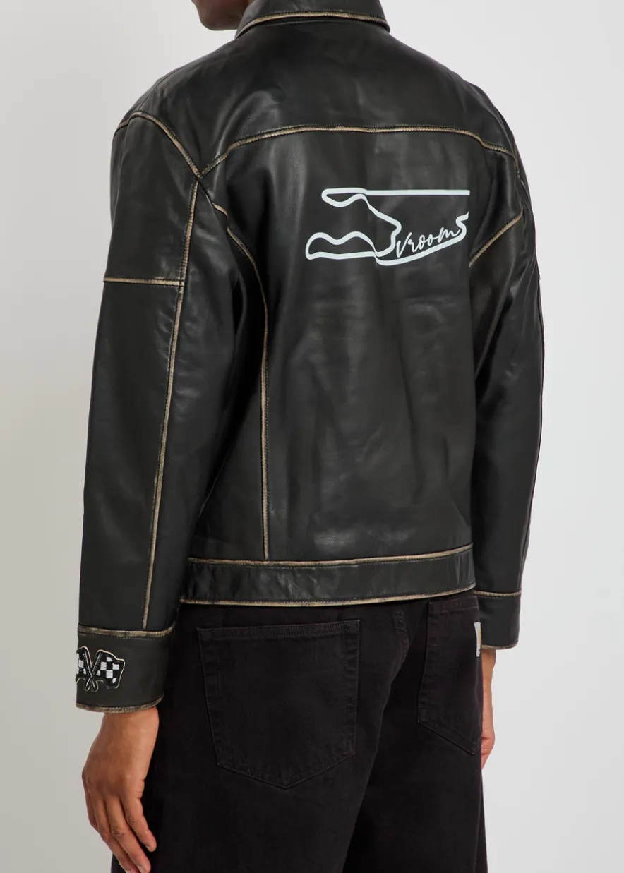 Track embroidered leather biker jacket