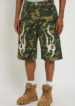 Tribal camo-printed denim shorts