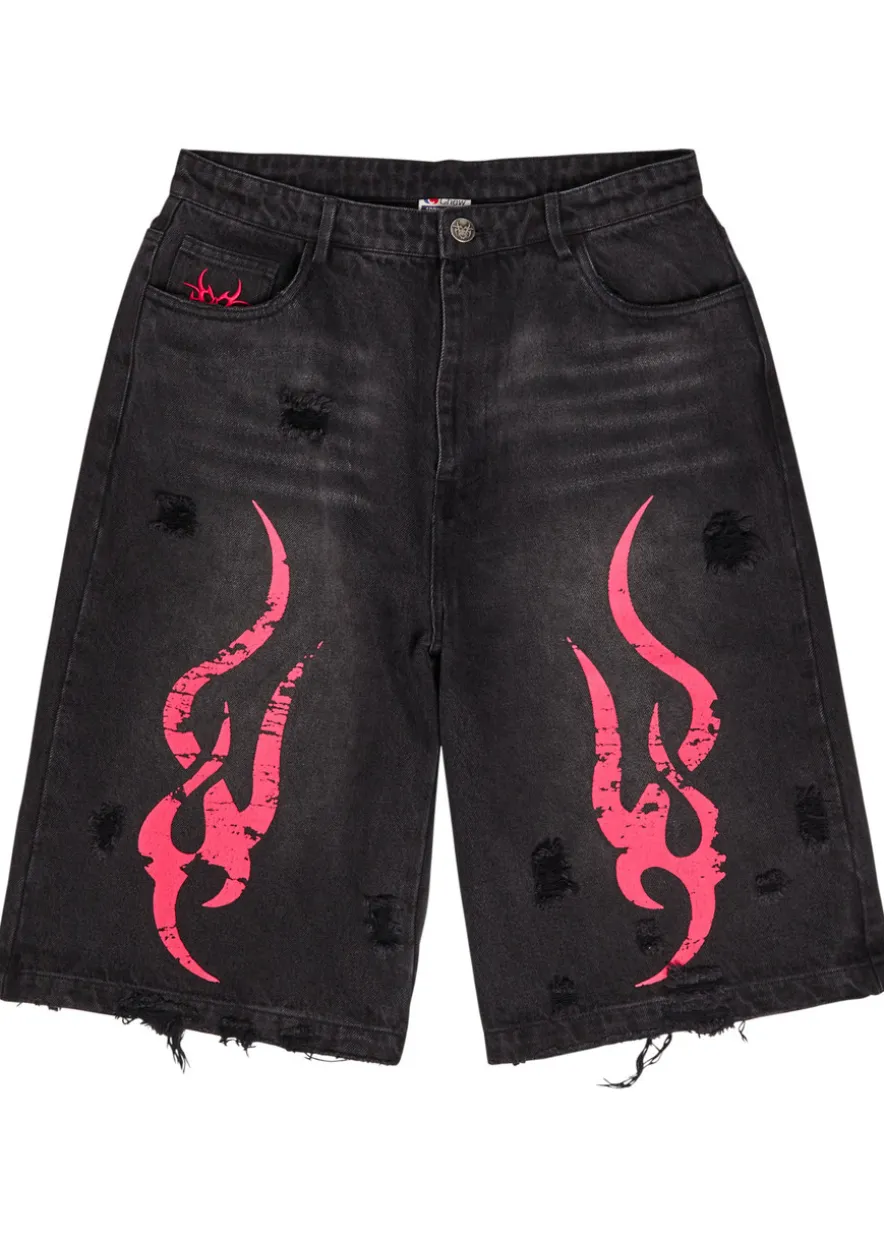 Tribal-printed denim shorts