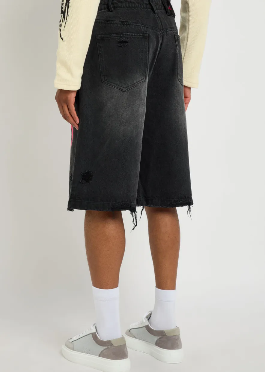 Tribal-printed denim shorts
