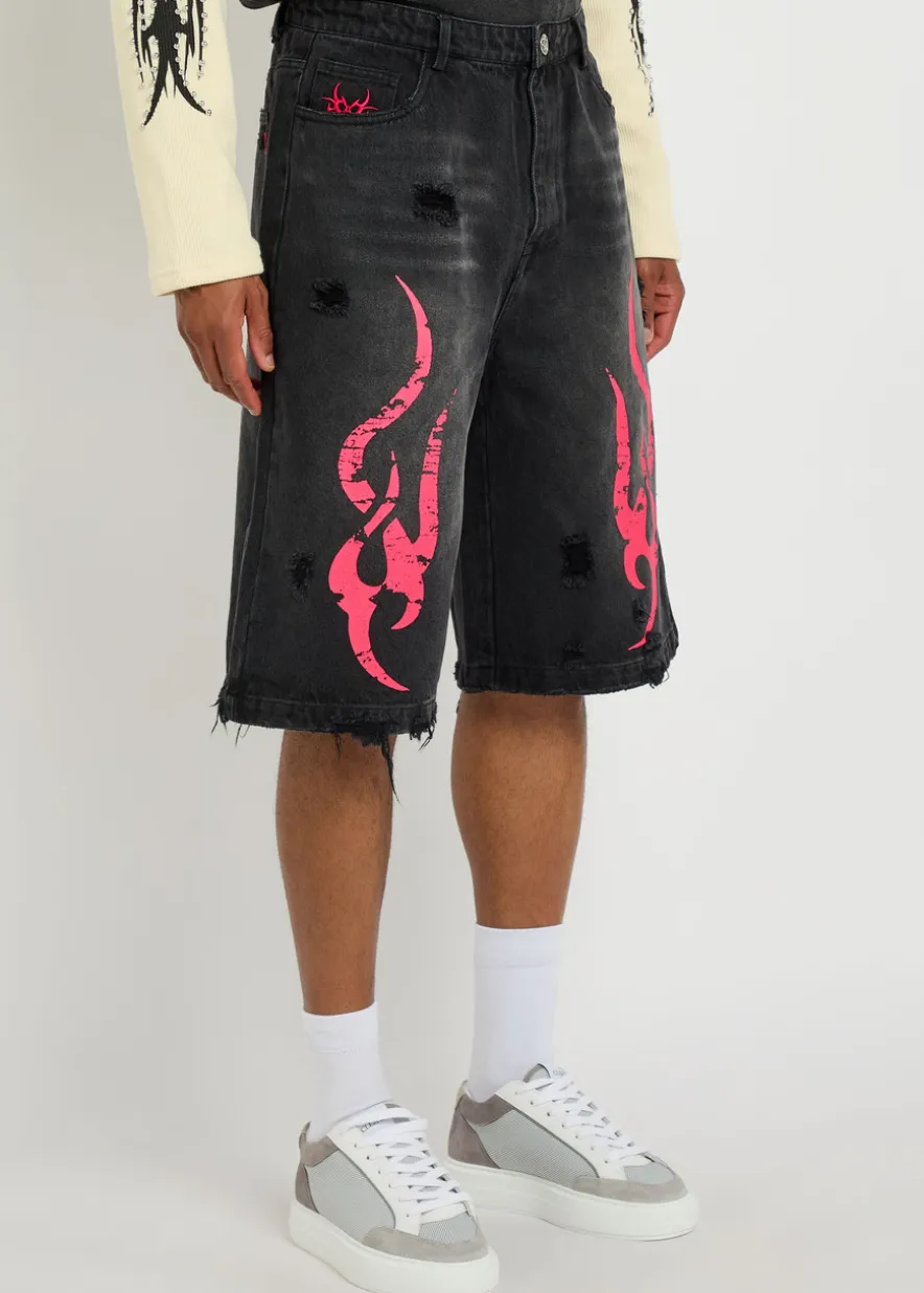 Tribal-printed denim shorts