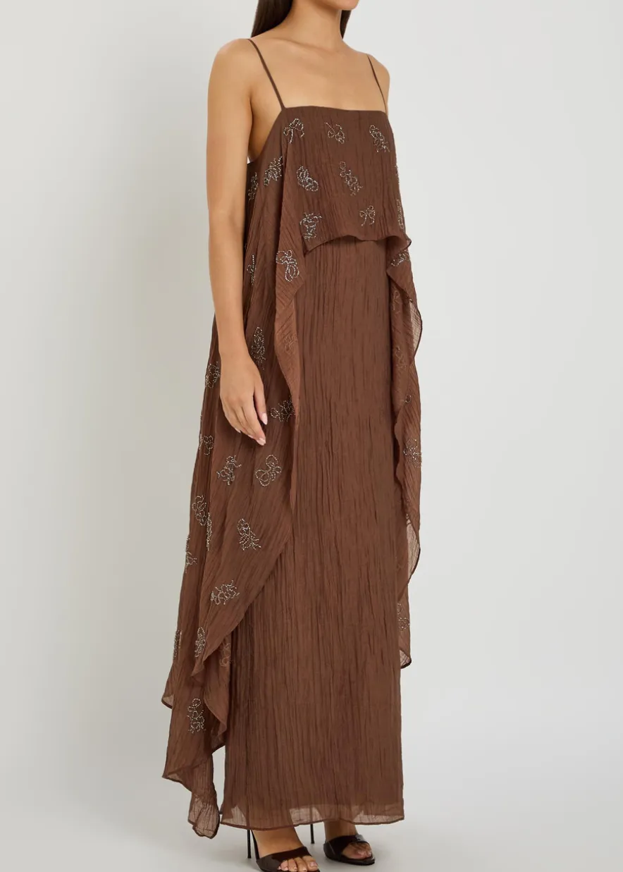 Valencia bead-embellished crinkled plissé midi dress