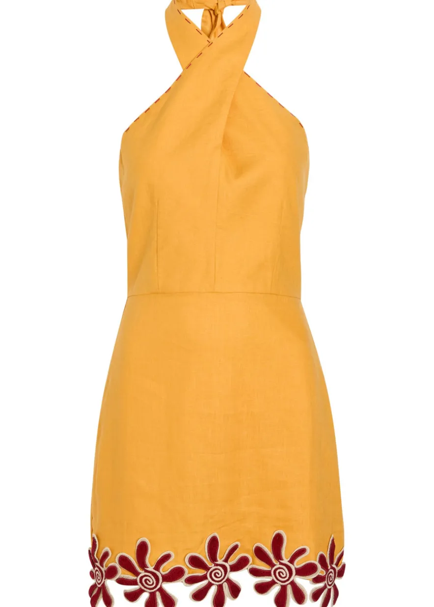 Veneta floral-appliquéd linen mini dress