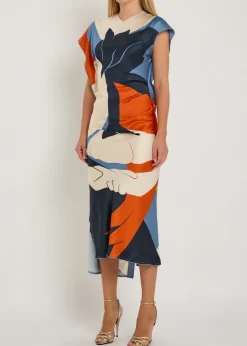 Victoria printed draped satin midi dress