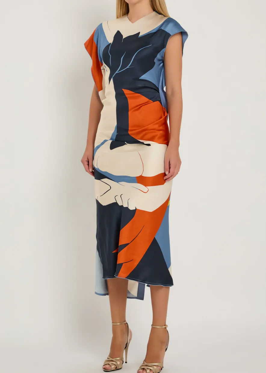 Victoria printed draped satin midi dress