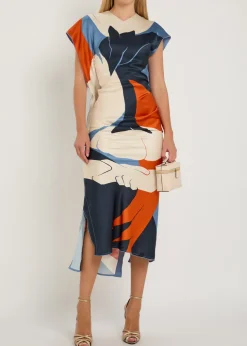 Victoria printed draped satin midi dress