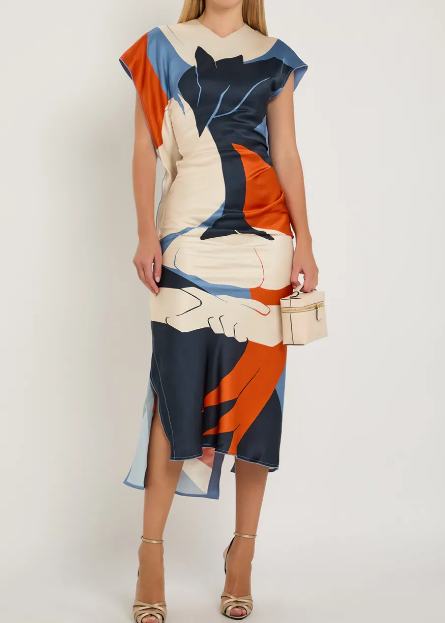 Victoria printed draped satin midi dress