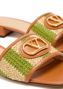 VLogo raffia and leather sliders
