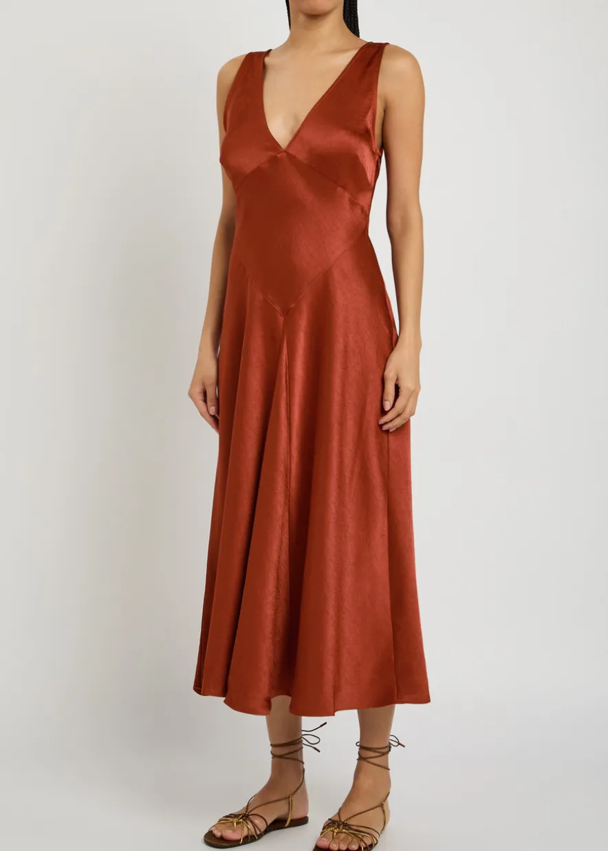 V-neck satin midi cocktail dress