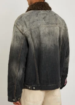 Washed paint splattered faux shearling denim jacket