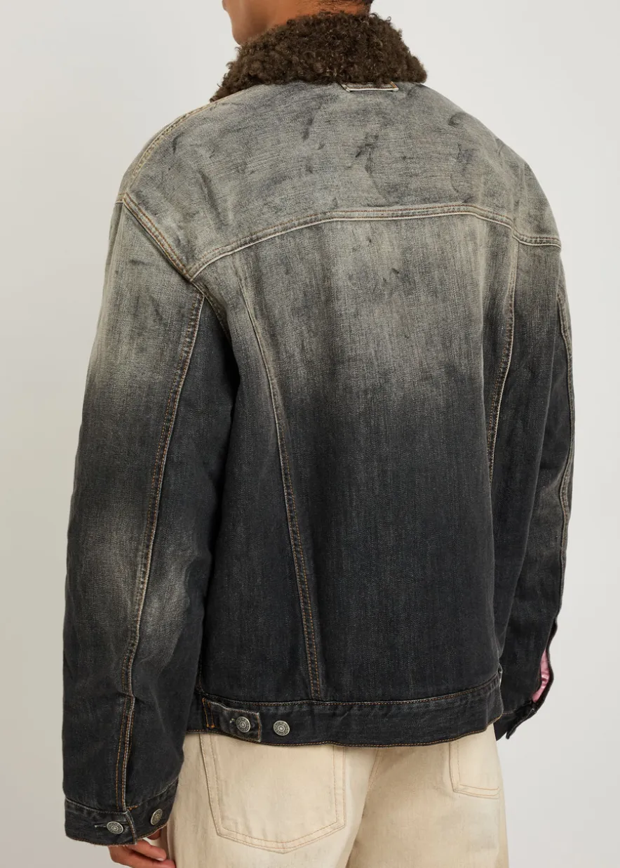 Washed paint splattered faux shearling denim jacket
