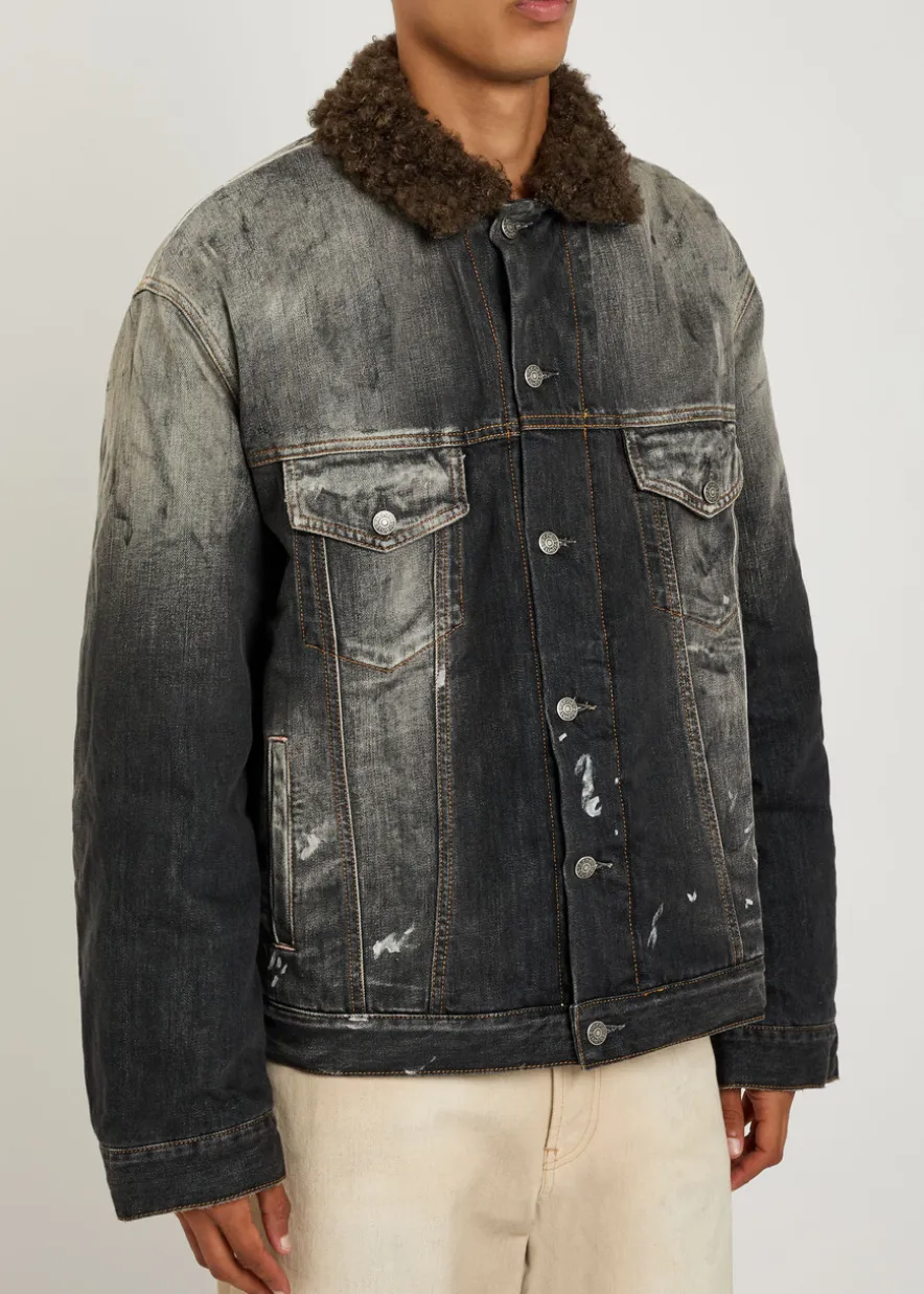 Washed paint splattered faux shearling denim jacket