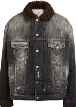Washed paint splattered faux shearling denim jacket