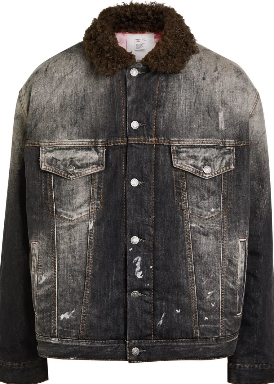 Washed paint splattered faux shearling denim jacket