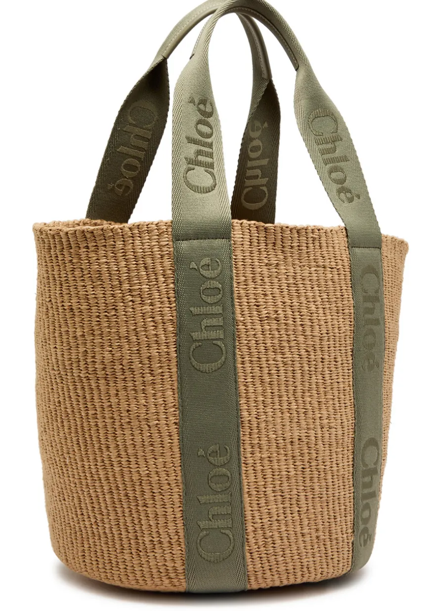 Woody logo-embroidered raffia basket bag