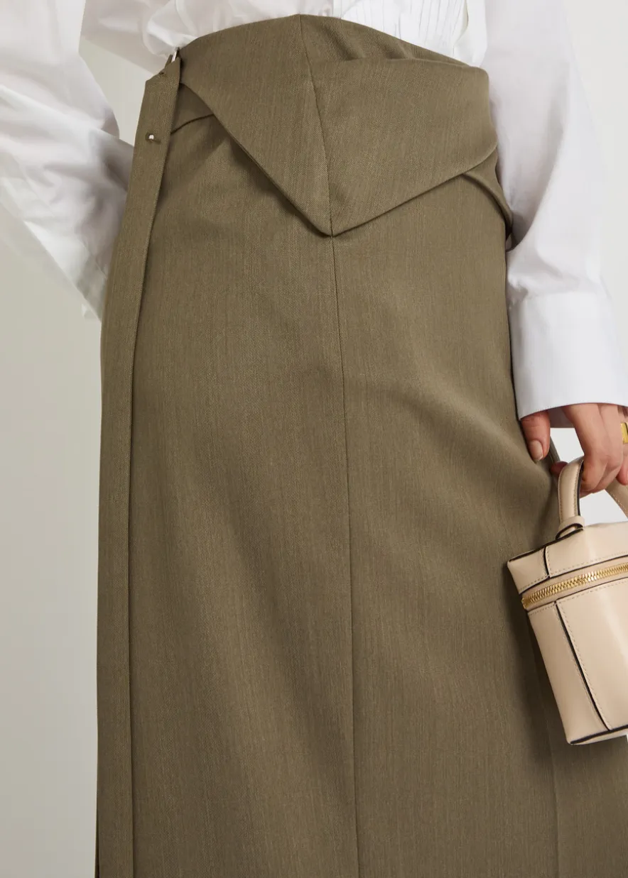 Wrap-detail wool-blend midi skirt