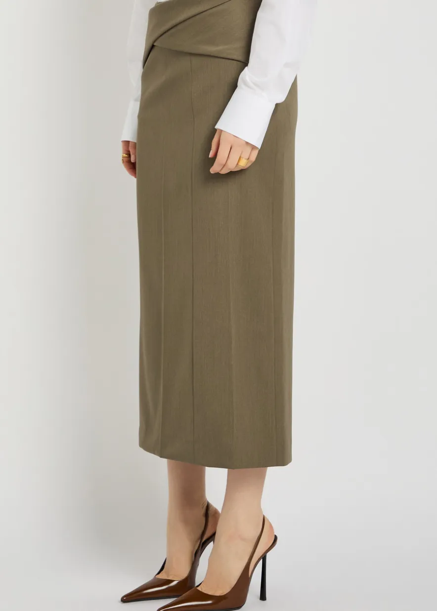 Wrap-detail wool-blend midi skirt