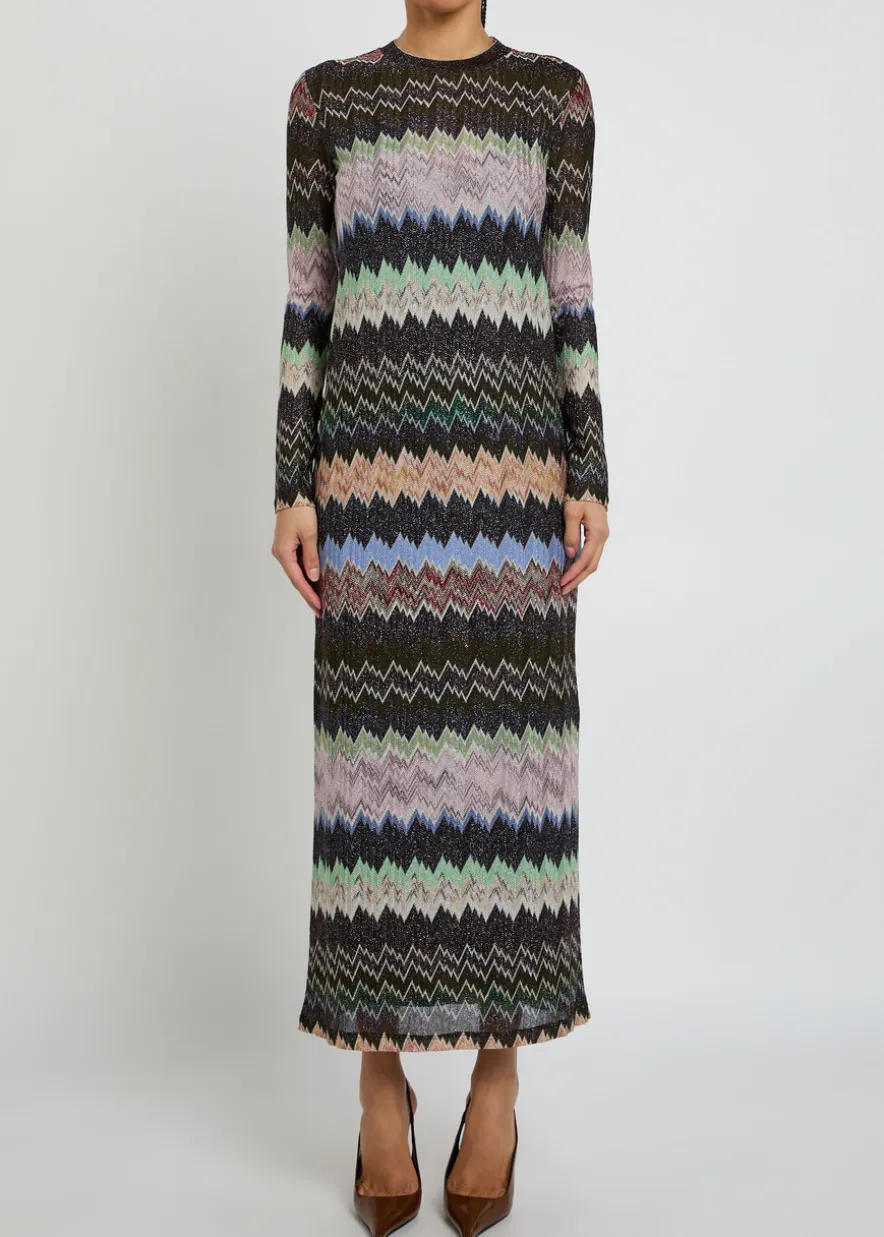 Zigzag-intarsia fine-knit midi dress