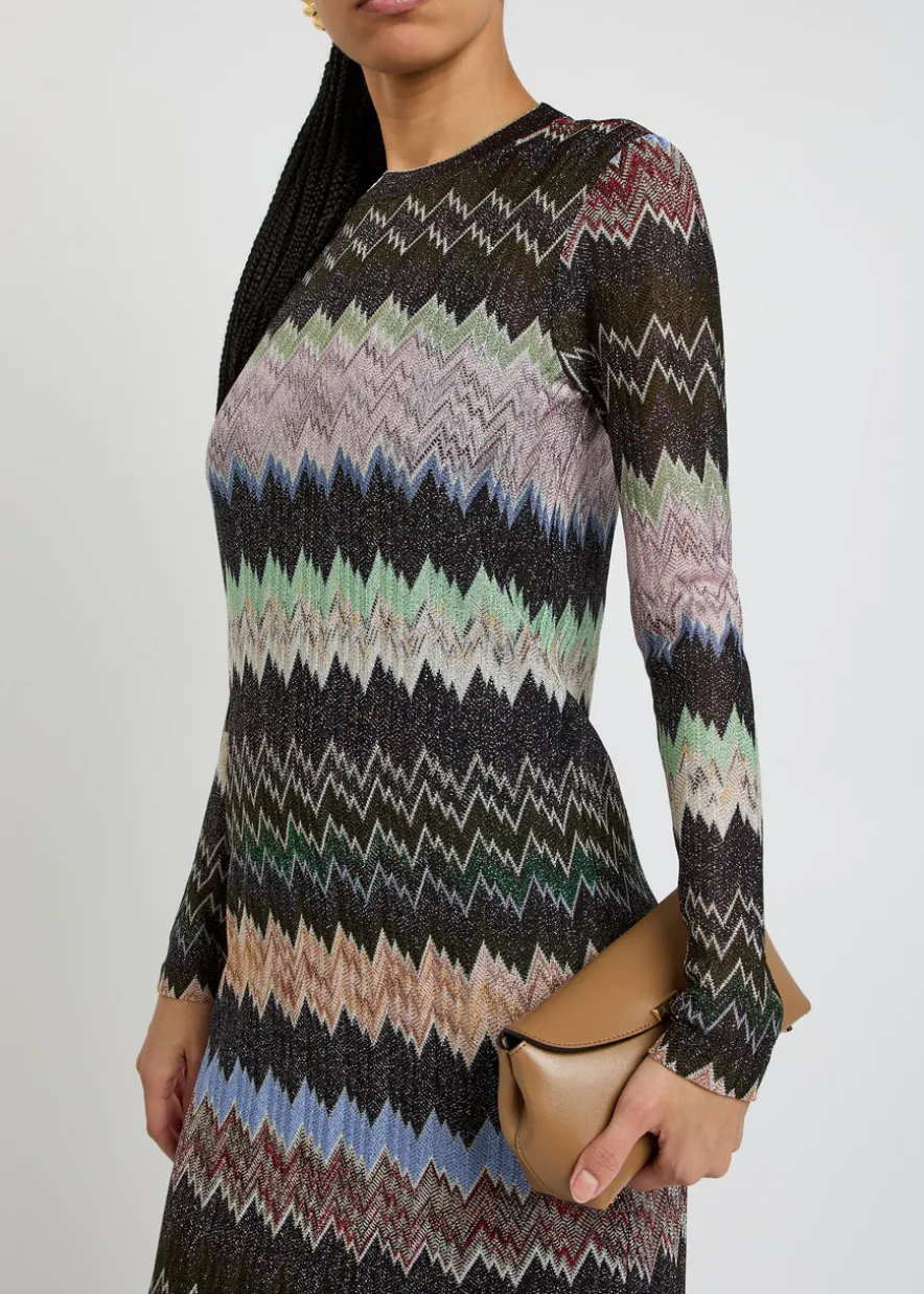 Zigzag-intarsia fine-knit midi dress