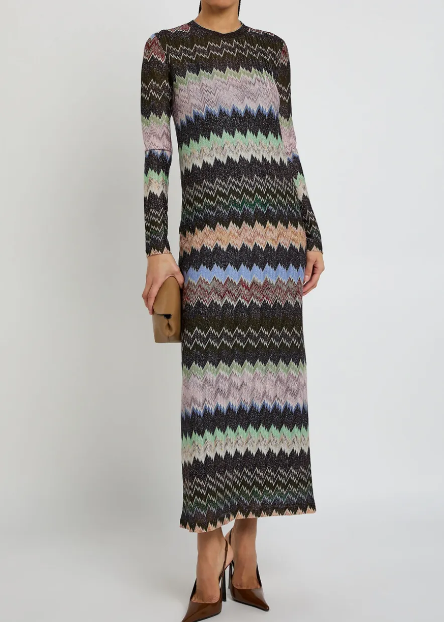 Zigzag-intarsia fine-knit midi dress